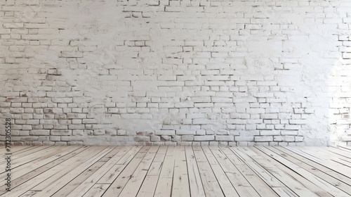 A blank room with a white painted brick wall and light wooden herringbone floor, giving a clean and spacious feel.