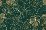 Illustration Of A Posh Green Floral Pattern Featuring Golden Splitleaf Philodendron And Monstera Plant Line Art. Сoncept Floral Illustration, Green Pattern, Golden Splitleaf Philodendron