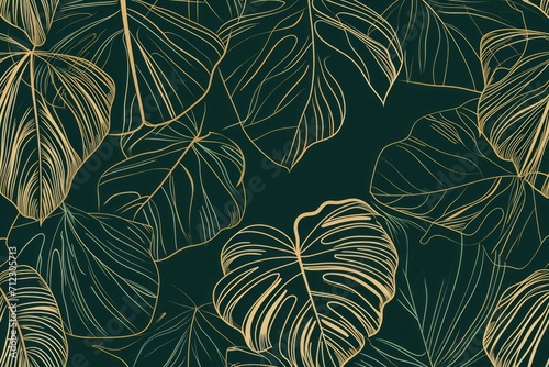 Elegant Green Floral Pattern: Illustration Featuring Golden Splitleaf Philodendron And Monstera Plant Line Art. Сoncept Nature-Inspired Art, Botanical Illustration, Greenery Illustration