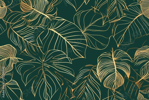 Illustration Of A Posh Green Floral Pattern Featuring Golden Splitleaf Philodendron And Monstera Plant Line Art. Сoncept Floral Illustration, Green Pattern, Golden Splitleaf Philodendron