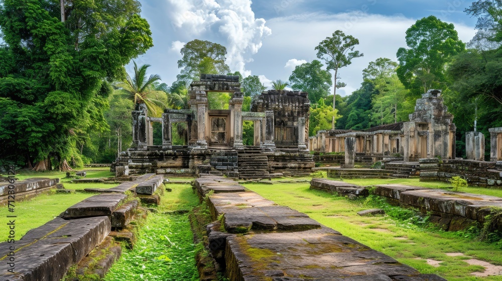 Ancient temple ruins surrounded by lush greenery under a clear blue sky, showcasing historical architecture and nature reclaiming the site Ancient temple ruins surrounded by lush greenery under a clear blue sky, showcasing historical architecture and nature reclaiming the site