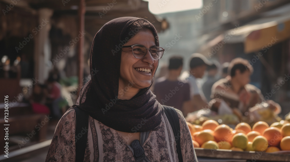 portrait smiling arab woman with hijab and glasses shopping at street stalls in the city portrait smiling arab woman with hijab and glasses shopping at street stalls in the city