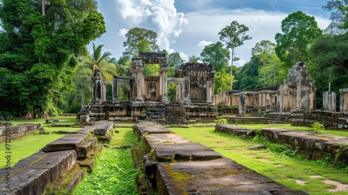 Ancient temple ruins surrounded by lush greenery under a clear blue sky, showcasing historical architecture and nature reclaiming the site