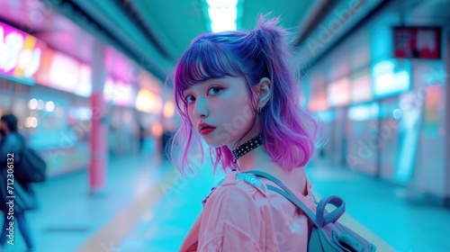 portrait of young asian otaku woman with colored hair on the street colored by neon lights photo