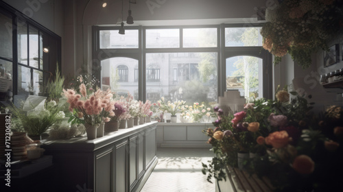 photograph of a flower shop with a large window in the morning light © PintoArt