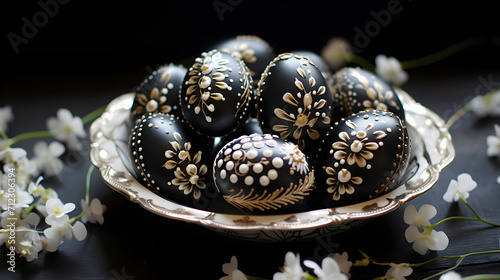 Black easter eggs with Gold and white decorations painted by hand on a dark background, Easter, stylish minimal composition