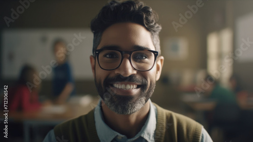 close up portrait of adult ethnic man university professor with toothy smile and glasses photo