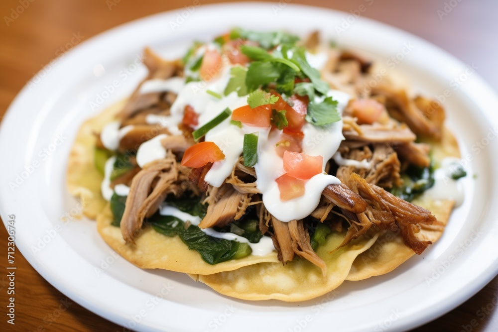 close-up of carnitas on a tostada with sour cream drizzle