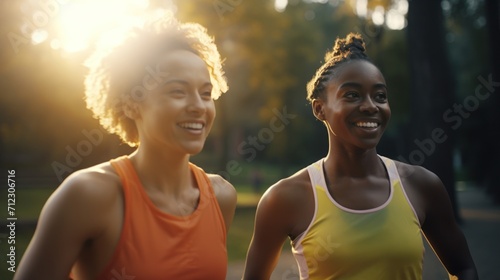 two multiracial friends are jogging on their daily sports exercises - created with AI