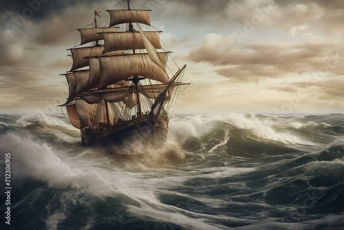 ship on turbulent ocean - made using modern techniques. Generative AI
