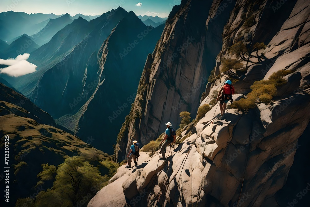 Employ hand-edited generative AI to vividly depict the exhilarating adventure of rock climbing on a challenging mountain peak, surrounded by breathtaking landscapes and sheer cliffs  