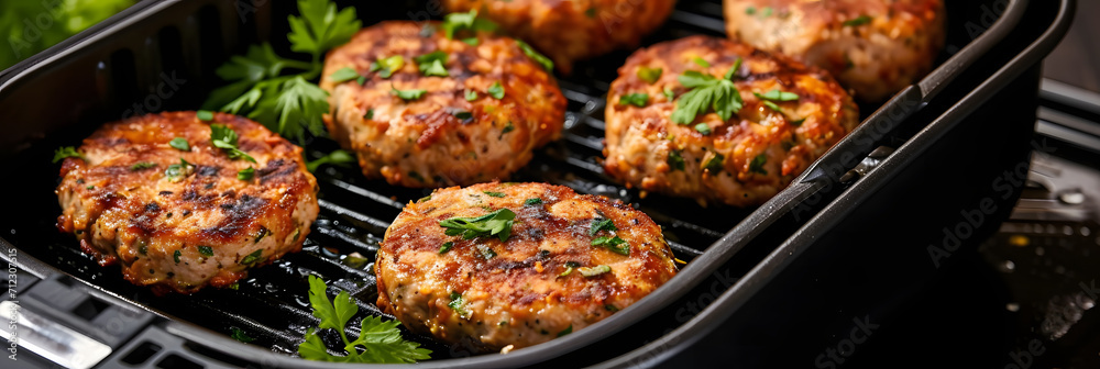 Air fryer view of turkey patties. Air fryer view of turkey patties.