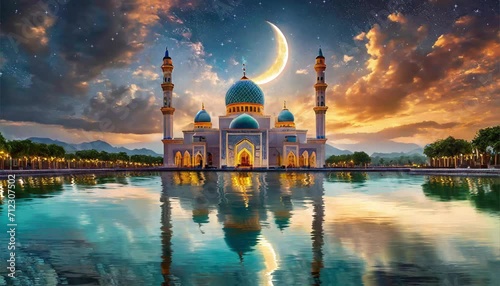 mosque with calm pool and crescent moon with blinking stars animation ramadan greeting concept. eid photo