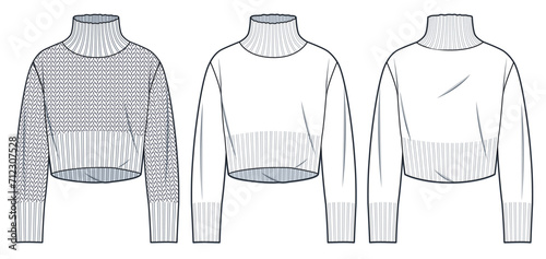 Roll Neck Sweater technical fashion illustration. Cropped Sweater fashion flat technical drawing template, roll neck, relaxed fit, front and back view, white, women, men, unisex Top CAD mockup set.