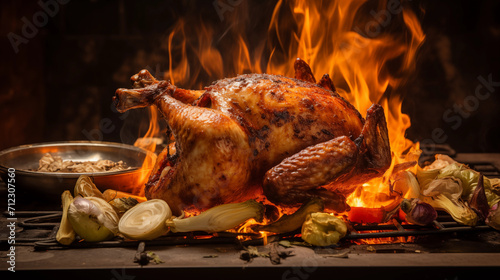 Un poulet rôti à la flamme. Gros plan sur la viande avec fond de flammes, braise. Alimentation, fast food, nourriture. Pour conception et création graphique.	 photo