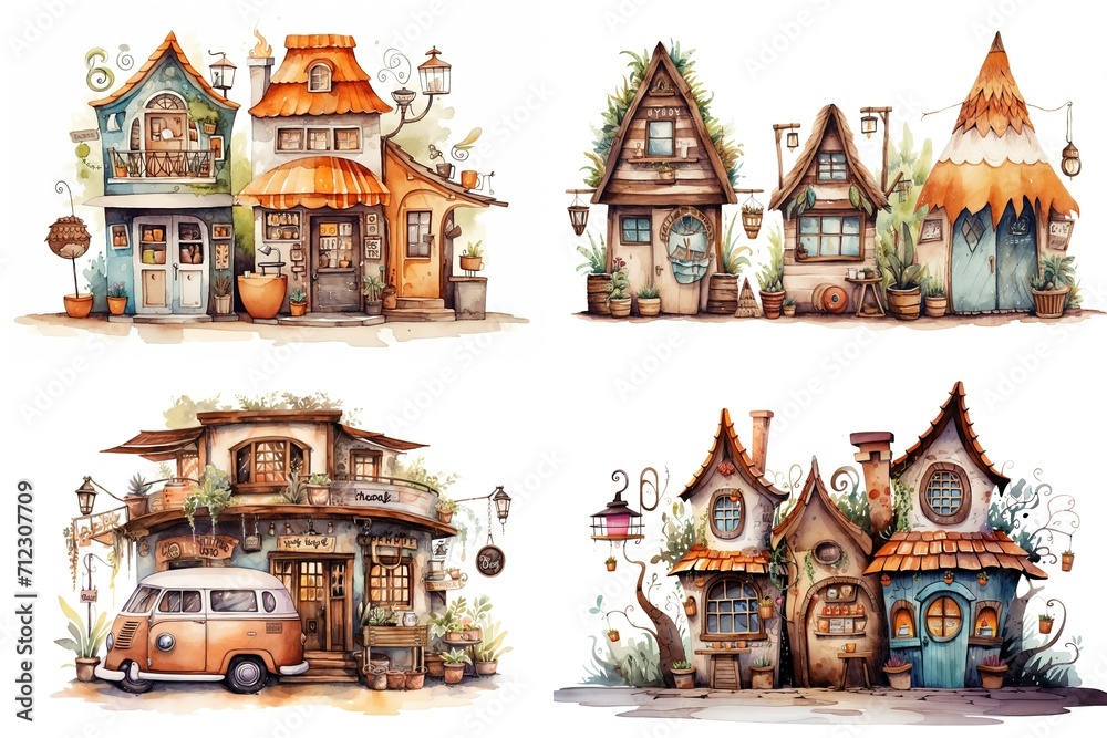 watercolor cartoon illustration collection set, cute vintage house, city village town, isolated on white background, idea for sticker and junk journal clipart, Generative A