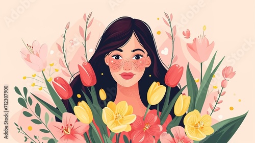 Happy Women's Day March 8 Cute cards and posters for the spring holiday. Vector illustration of a date, a women and a bouquet of flowers, generative ai