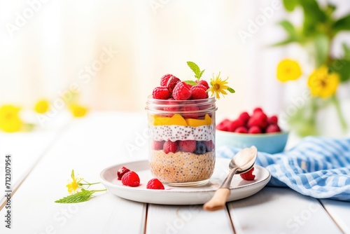 raspberry chia pudding with honey drizzle in a glass cup
