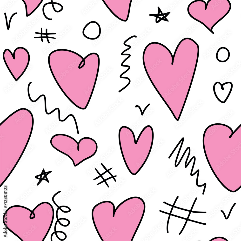 Seamless abstract pattern of different pink hearts and doodles. Freehand scribble background, texture for textile, wrapping paper, Valentine's day, romantic design