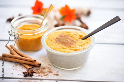 Fototapeta Naklejka Na Ścianę i Meble -  pumpkin spice chia pudding with cinnamon sticks, autumn leaf