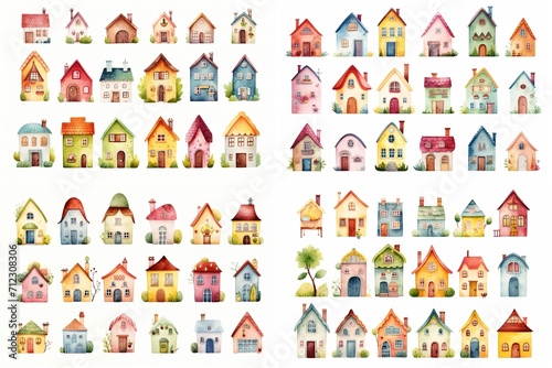watercolor cartoon illustration collection set, fairytale garden house, isolated on white background, idea for sticker and junk journal clipart, Generative A