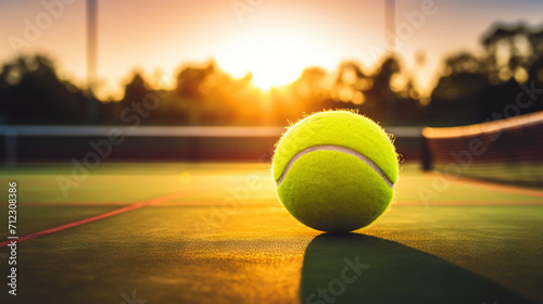 Closeup of tennis ball on empty court. Sunset, sun rays. Concept of a sporty lifestyle. Generative AI © AngrySun