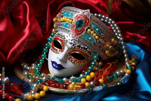 Banner consisting from traditional species carnival mask in beads for celebration holiday Purim, Ai generated