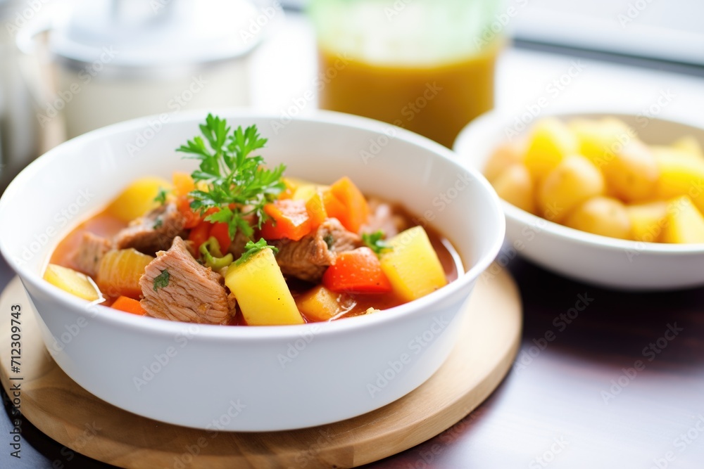 goulash in a bowl with golden potatoes and carrot pieces goulash in a bowl with golden potatoes and carrot pieces