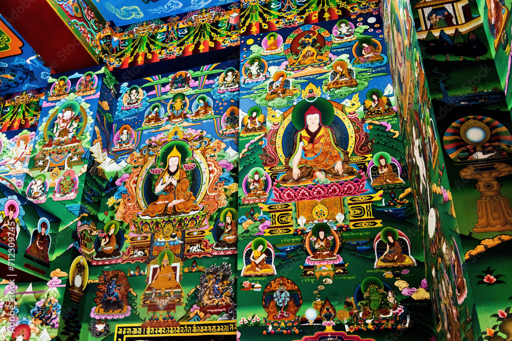 Wall paintings of Drikung Kagyu Gompa Buddhist Monastery, Rewalsar, Nagar, Mandi, Himachal Pradesh, India, Asia