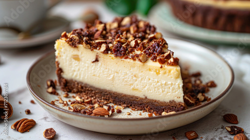 Wallpaper Mural Cheesecake Slice Topped with Berries and Nuts.,A delectable slice of cheesecake garnished with fresh raspberries, blackberries, and a sprinkle of chopped nuts, presented on a ceramic plate. Torontodigital.ca