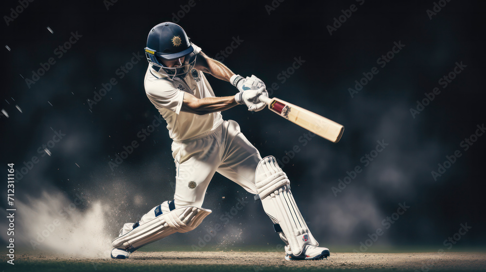 Cricket player hitting highball leg side, while stepping out of his batting crease.