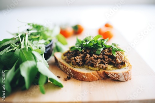 olive tapenade spread on crusty bread with basil garnish