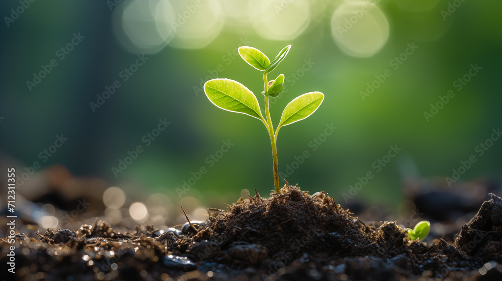 Plants growing from the soil in the forest with a blurred background. Young plant growing in sunlight.