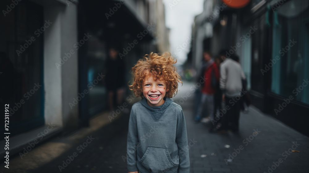 Smiling red-haired boy in the middle of the street