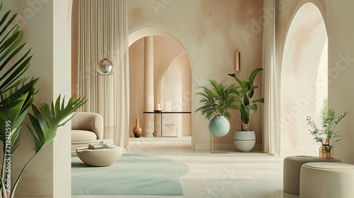 a modern living room with neutral color tones and a green plant, in the style of pastel gothic, matte background, arched doorways, soft pastel tones, texture-based, light brown and cyan © Koplexs-Stock
