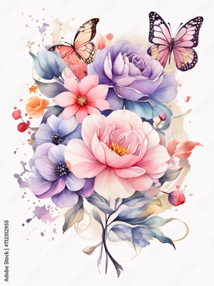 Obraz premium watercolor of colorful flowers and butterflies facing forward.