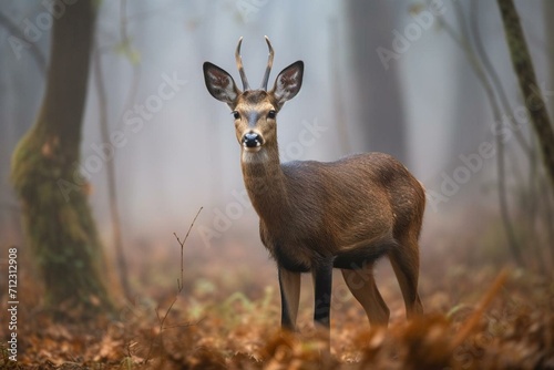 Curious roe deer roebuck with ears up in misty woodlands. Generative AI