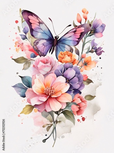 Fototapeta Naklejka Na Ścianę i Meble -  watercolor of colorful flowers and butterflies facing forward.