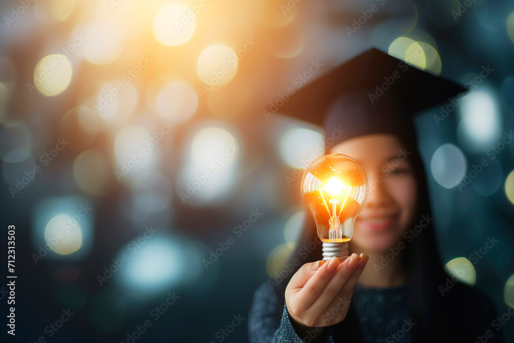 Education, e-learning graduate certificate and business concept, Women showing light bulb with graduation hat in hand Education technology study knowledge, human creative thinking idea - obrazy, fototapety, plakaty 