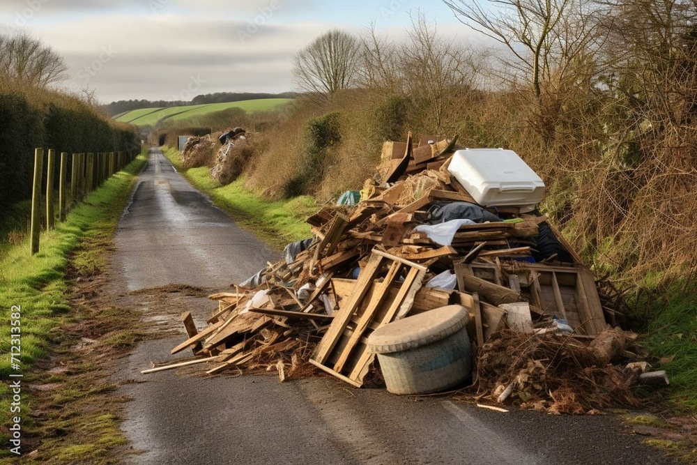 Illegal dumping of waste on a rural road in the UK. Generative AI - obrazy, fototapety, plakaty 