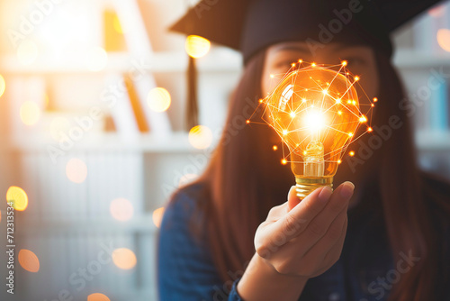 Education, e-learning graduate certificate and business concept, Women showing light bulb with graduation hat in hand Education technology study knowledge, human creative thinking idea photo