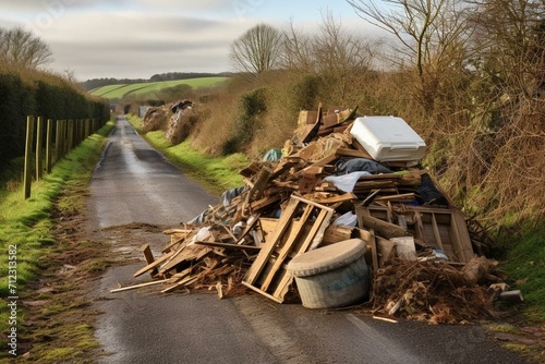Illegal dumping of waste on a rural road in the UK. Generative AI photo