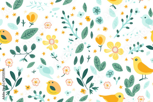 Blooming Nature  Seamless Floral Pattern with Cute Birds and Colorful Flowers