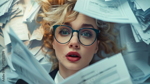 a female accountant in glasses, in a pile of documents