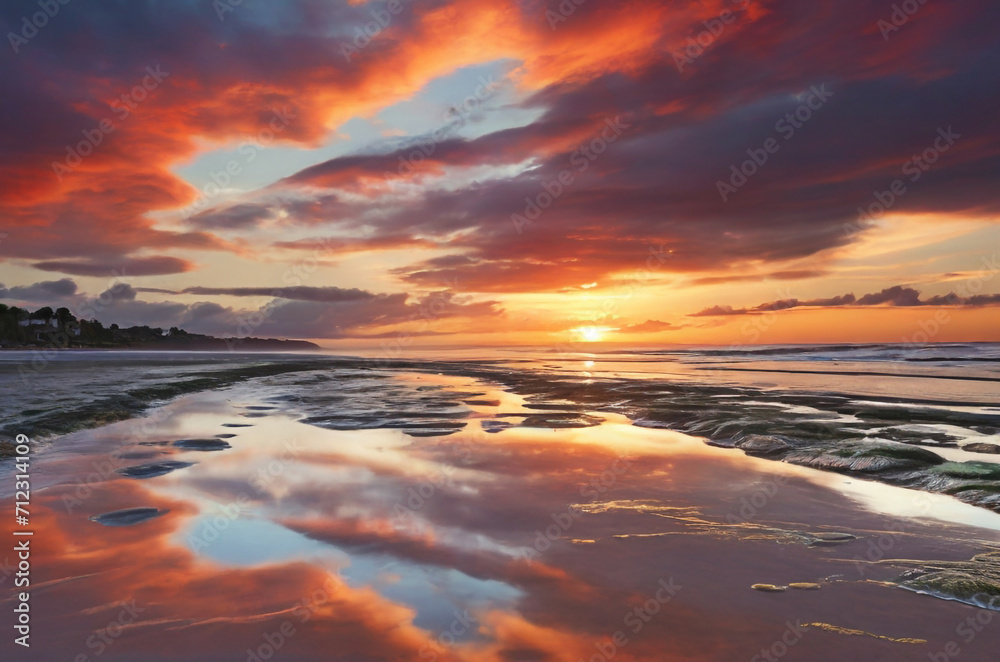 A stunning image of a vibrant sunset with clouds reflected on the wet sand during low tide. Ai generative