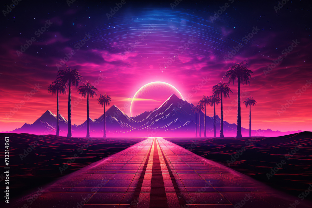 Road to the horizon. In style with synthwave colorful night