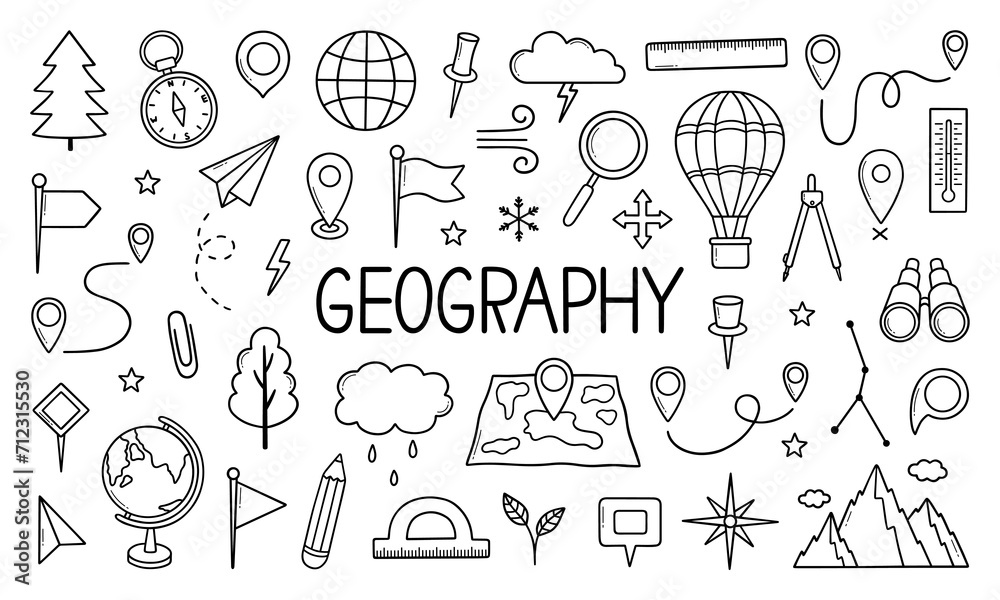 Geography doodle set. Education and study concept. map, globe, compass in sketch style. Hand drawn vector illustration isolated on white background