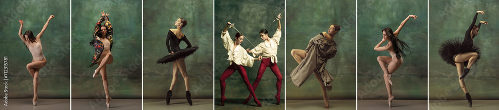 Beautiful young women, ballet dancers in different stage costumes making creative performance, dancing over vintage backgrounds. Collage. Concept of classical dance style, theatre, beauty, inspiration - obrazy, fototapety, plakaty 