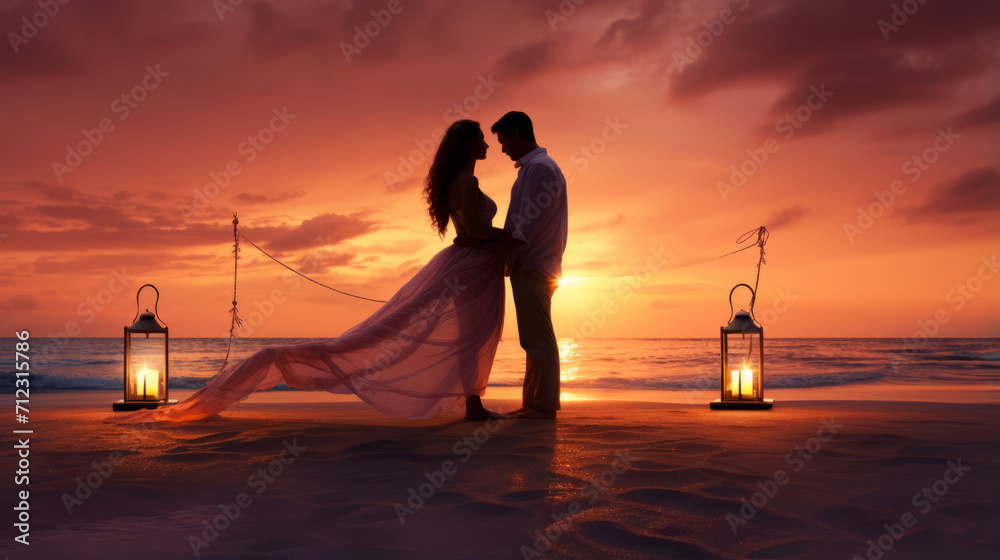 Romantic couple flat art against evening sunset on the beach