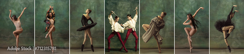 Beautiful young women, ballet dancers in different stage costumes making creative performance, dancing over vintage backgrounds. Collage. Concept of classical dance style, theatre, beauty, inspiration
